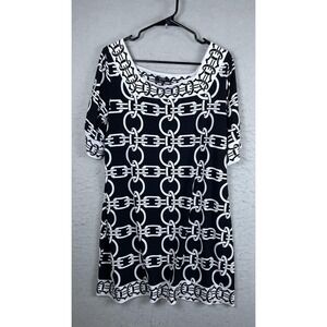 Alfani Blouse Womens 1X Black White Chain Link Print‎ Square Neck Tunic Top